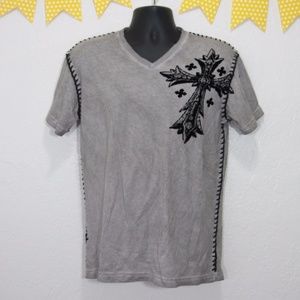 Gray V Neck Velvet Cross & Wings Distressed T *II2